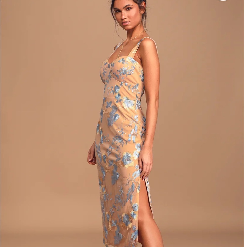 Beige Embroidered Bodycon Midi Dress